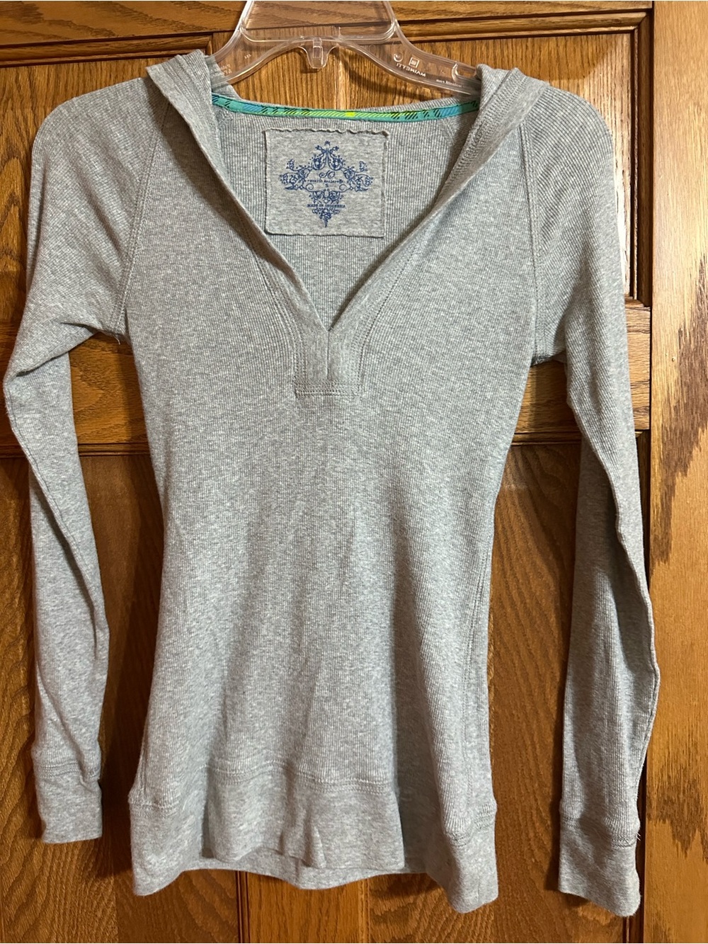 SO Gray V-Neck Hooded Long-Sleeve Top